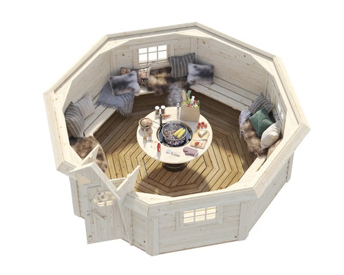Kota de grill octogonale avec bancs et table de grill au milieu