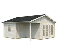 Gartenhaus aus Holz mit Fenstern und Doppeltür