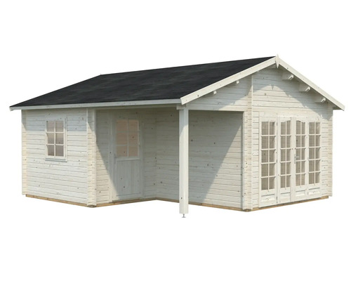 Gartenhaus aus Holz mit Fenstern und Doppeltür