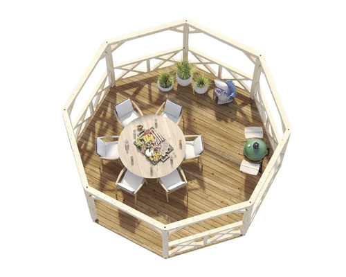 Pavillon octogonal avec barbecue, table, chaises et plantes