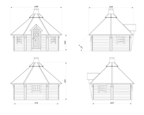 Technische Zeichnung eines Gartenhauses mit Maßen