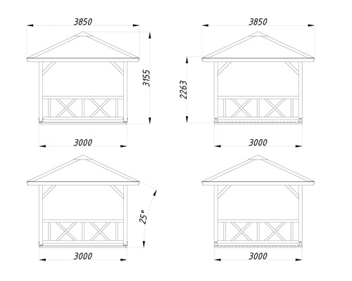 Technische Zeichnung eines Pavillons mit Maßangaben