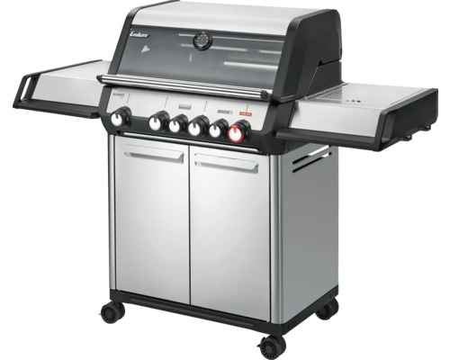 Barbecue à gaz Enders avec quatre brûleurs, tablettes latérales et armoire basse