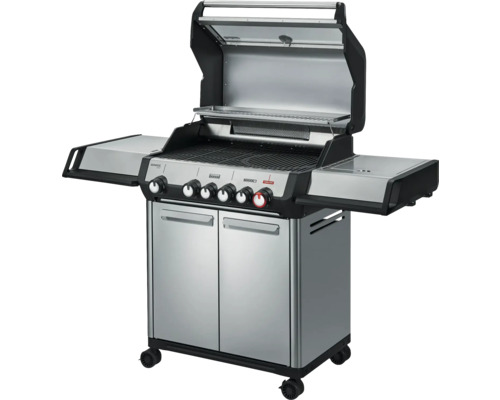 Barbecue à gaz avec étagères, portes et roulettes