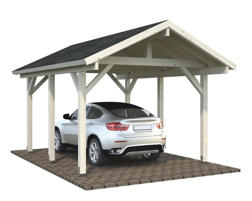 Carport en bois avec toit et voiture