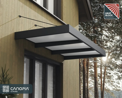 Canopia by Palram Türvordach in Dunkelgrau mit lichtdurchlässigen Platten und Hitzeschutz-Technologie, montiert an einer Fassade.