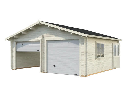 Garage double en bois avec deux portes de garage, fenêtre et porte