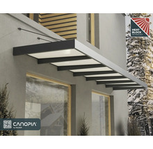 Modernes Türvordach mit anthrazitfarbenem Metallrahmen und lichtdurchlässigen Paneelen. Canopia by Palram Logo. Wärmeschutz-Technologie.