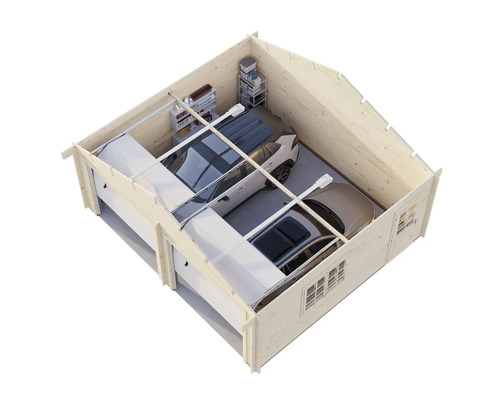 Garage double en bois avec deux voitures et étagère