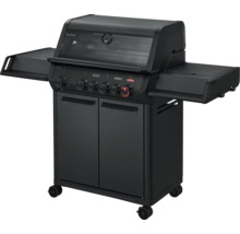 Barbecue à gaz noir avec tablettes latérales et armoire basse pour l'extérieur.