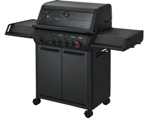 Barbecue à gaz noir avec tablettes latérales et armoire basse pour l'extérieur.