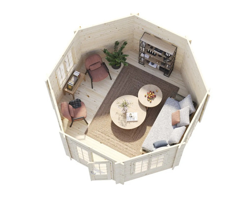 Vue intérieure d'un abri de jardin avec des meubles, dont un canapé, des fauteuils, des étagères et des tables