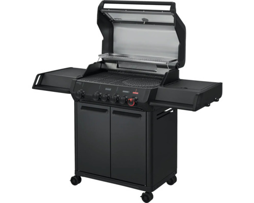 Barbecue à gaz noir avec tablettes et meuble bas