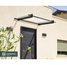 Marquise de porte moderne avec cadre en métal noir et panneau transparent au-dessus d'une porte d'entrée sombre.