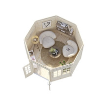 Innenansicht eines Gartenhauses mit Sitzecke und Regalen