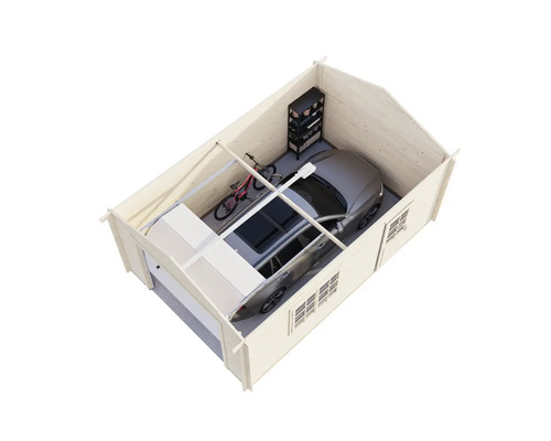 Holzgarage mit Auto, Fahrrad und Regal zur Aufbewahrung