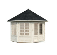 Sechseckiger Holzpavillon mit Fenstern und Tür