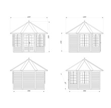 Technische Zeichnung eines Gartenhauses mit Maßangaben