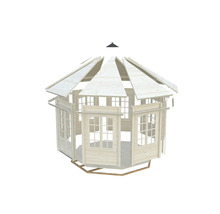 Unfertiger Holzpavillon mit Fenstern und Dachelementen