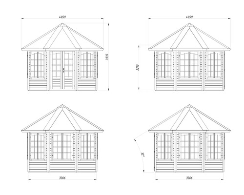 Zeichnung eines Gartenhauses mit Maßangaben