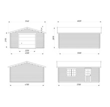 Dessin technique d'un garage en bois avec différentes vues et indications de dimensions.