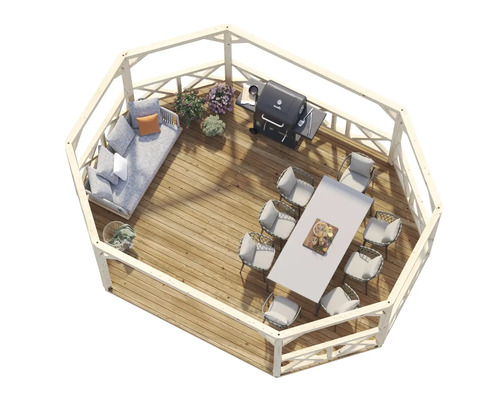 Aufsicht auf eine achteckige Grillkota mit Grill, Tisch mit Stühlen und Sitzecke