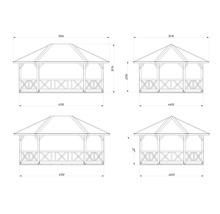 Technische Zeichnung verschiedener Pavillon Größen mit Maßangaben