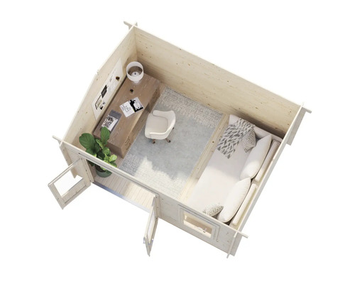 Vue intérieure d'une cabane de jardin en bois avec coin bureau et couchage