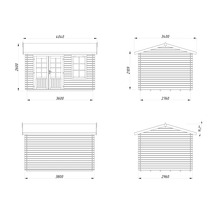 Dessin technique d'une cabane de jardin avec dimensions