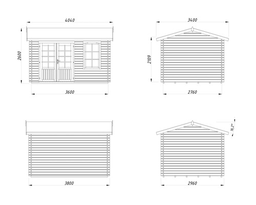 Dessin technique d'une cabane de jardin avec dimensions