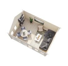 Vue intérieure d'une maison de jardin en bois clair avec meubles