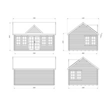 Dessin technique d'un abri de jardin avec dimensions.