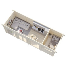 Grundriss eines Holzhauses mit Wohnzimmer, Küche und Schlafzimmer