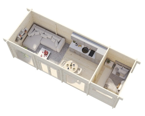 Grundriss eines Holzhauses mit Wohnzimmer, Küche und Schlafzimmer