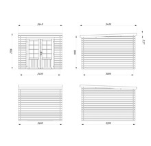 Technische Zeichnung eines Gerätehauses mit Maßangaben.