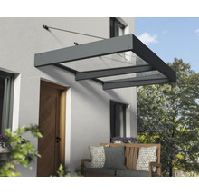 Modernes Haustürvordach mit dunklem Aluminiumrahmen und transparenten Paneelen, montiert an einer hellen Hauswand über einer Holztür.