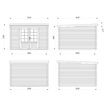 Dessin technique d'une cabane de jardin avec des mesures.