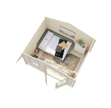 Innenansicht eines Holzhauses mit Bett, Kommode und Fenster