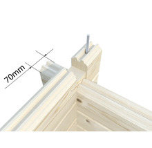 Detailansicht einer Ecke eines Blockhauses mit Angabe des 70mm Abstandes