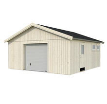 Garage en bois avec porte de garage, porte et fenêtres