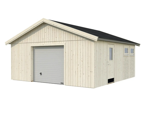Garage en bois avec porte de garage, porte et fenêtres