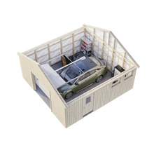 Garage avec voiture, étagères et boîtier de batterie