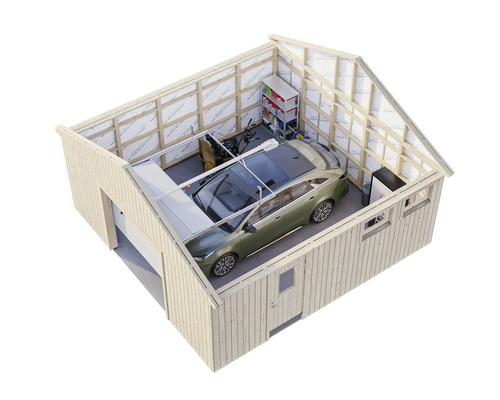 Garage avec voiture, étagères et boîtier de batterie