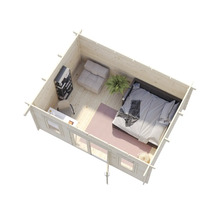 Innenansicht eines Blockhauses mit Bett, Sessel, Schreibtisch und Regalen