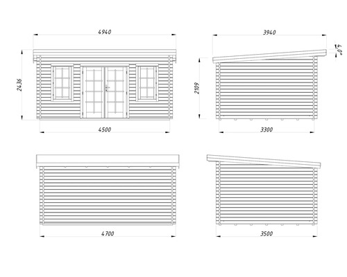 Technische Zeichnung eines Gartenhauses mit Maßangaben.