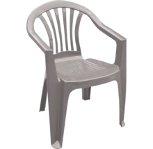 Chaise de jardin en plastique gris avec accoudoirs.