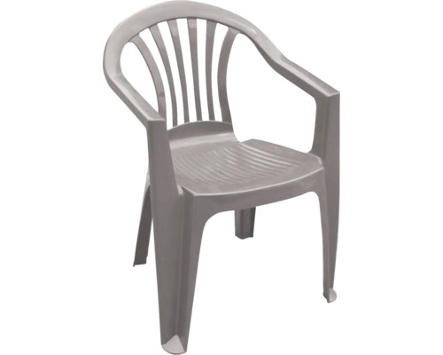 Chaise de jardin en plastique gris avec accoudoirs.