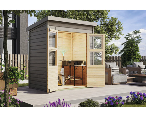 Abri de jardin avec portes doubles ouvertes sur une terrasse avec mobilier de jardin