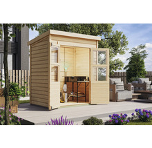 Abri de jardin en bois avec fenêtres et porte ouvertes sur une terrasse