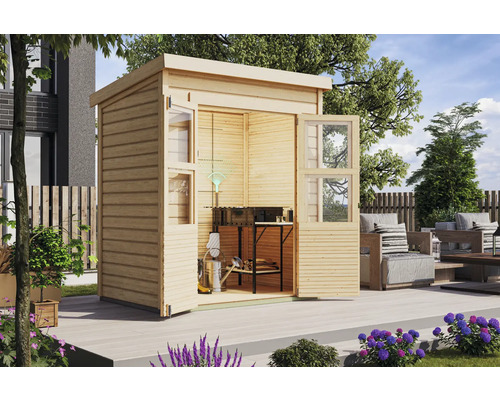 Abri de jardin en bois avec fenêtres et porte ouvertes sur une terrasse